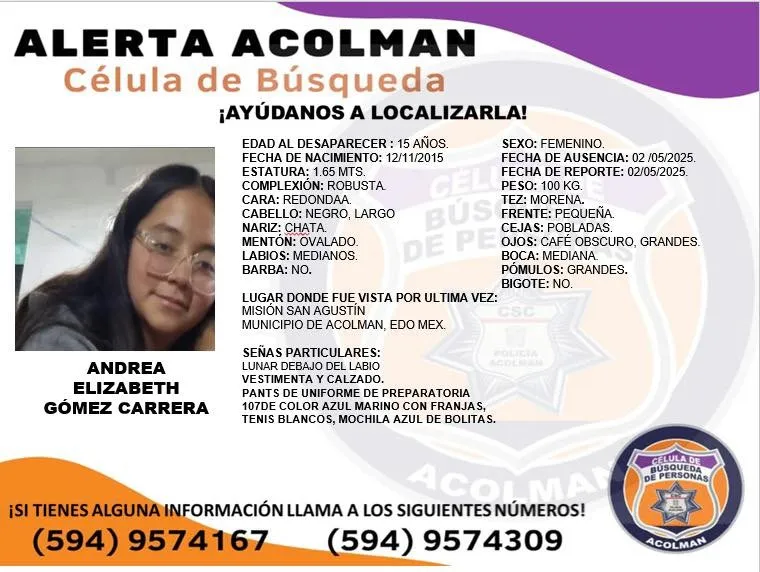 Buscan a Andrea Elizabeth Gómez Carrera, desaparecida en Acolman, Estado de México