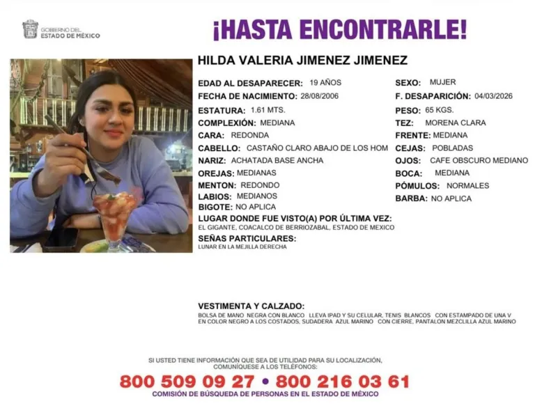 Buscan a Hilda Valeria Jimenez Jimenez, desaparecida en Coacalco