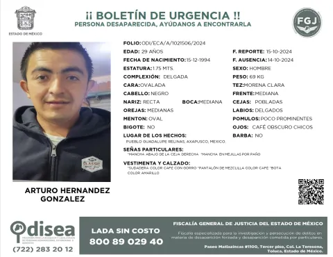 Piden apoyo para localizar a Arturo Hernández desaparecido en Axapusco