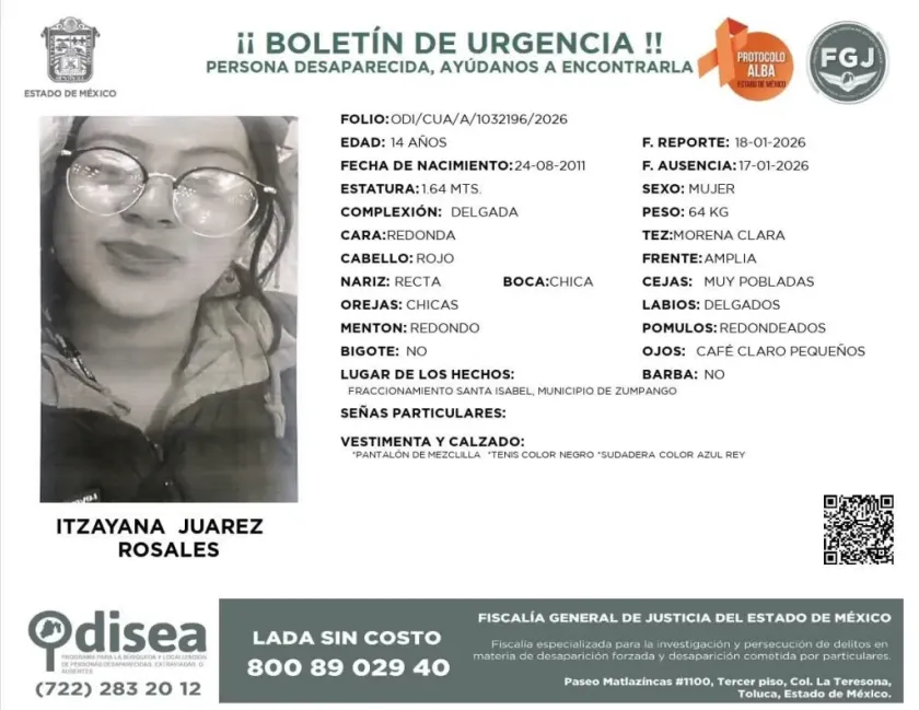 Activan alerta de búsqueda para localizar a Itzayana Juárez Rosales, de 14 años, en Zumpango