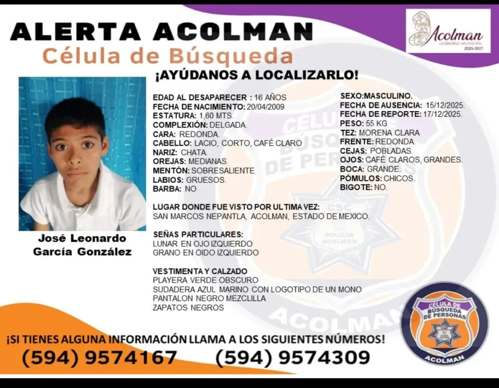 Activan búsqueda urgente para localizar a José Leonardo en Acolman