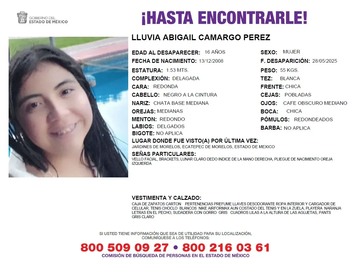 Buscan a Lluvia Abigail Camargo Pérez, adolescente desaparecida en Ecatepec