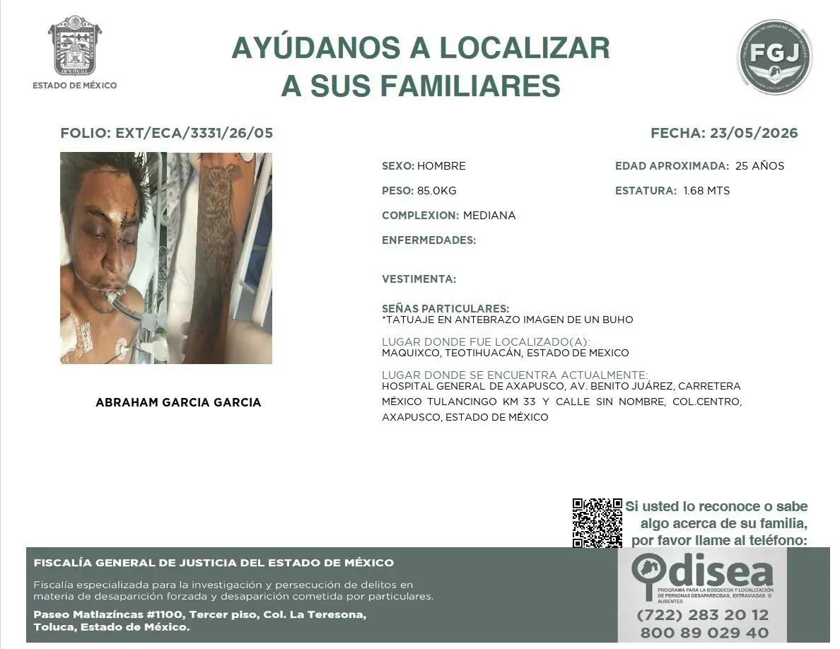 Buscan a familiares de un joven internado en Axapusco