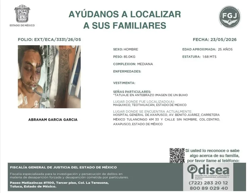 Buscan a familiares de un joven internado en Axapusco