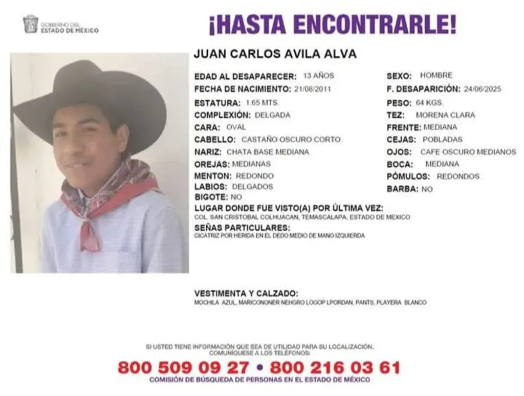 Buscan a Juan Carlos Ávila Alva, menor de 13 años desaparecido en Temascalapa, Estado de México