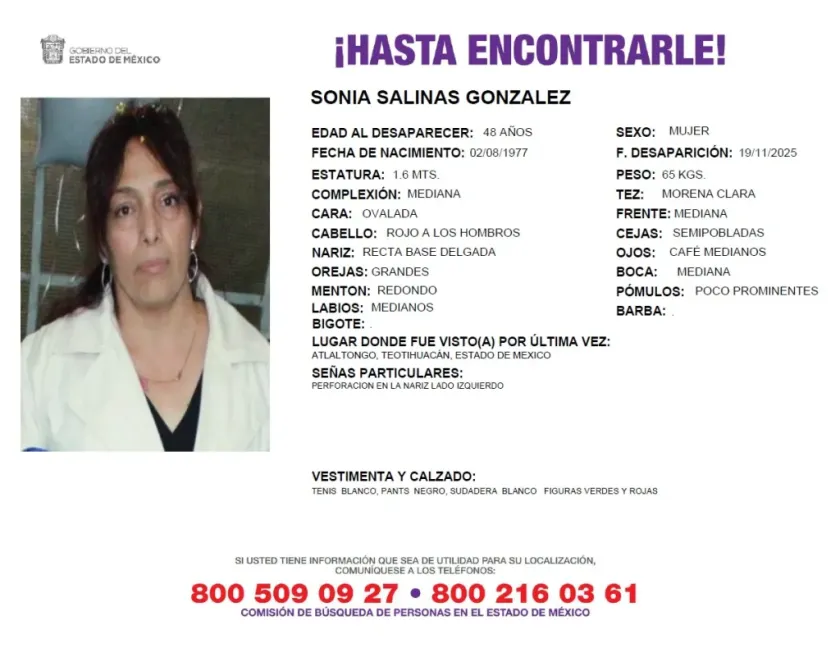 Buscan a Sonia Salinas, desaparecida en Atlatongo, Teotihuacán.