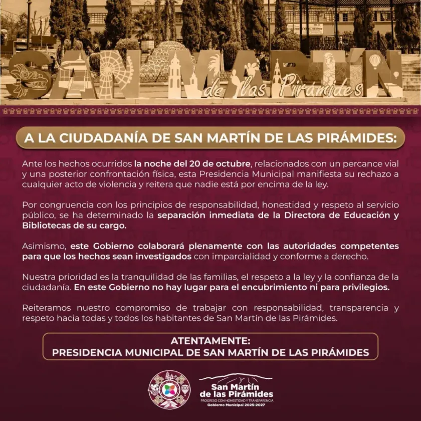 Destituyen a funcionaria de San Martín de las Pirámides tras altercado