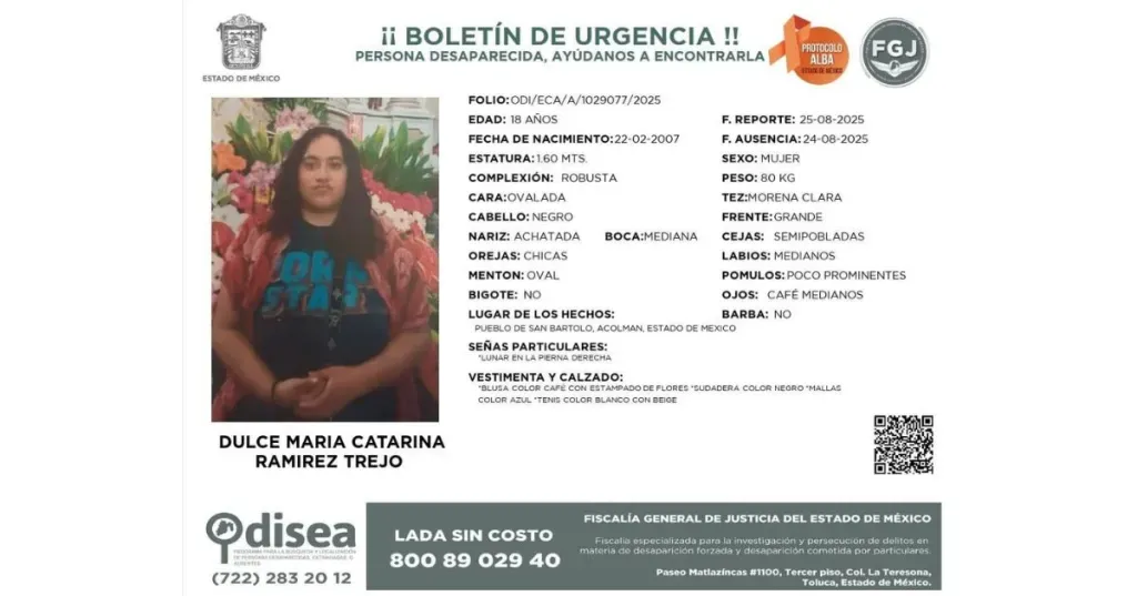 Lanza Fiscalía del Edoméx boletín de búsqueda por joven desaparecida en Acolman