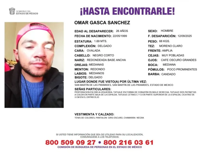 Reportan desaparición de Omar Gasca Sánchez en San Martín de las Pirámides