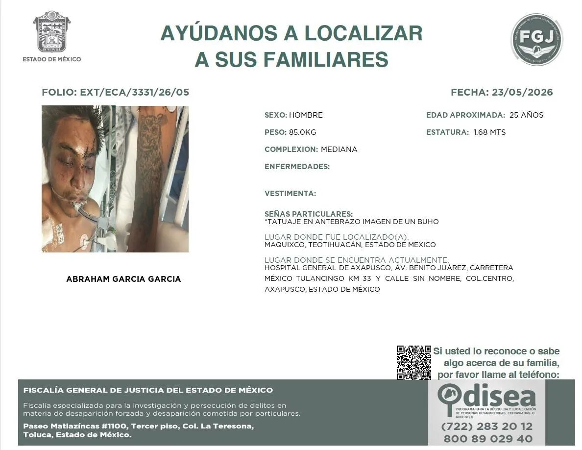 Buscan a familiares de un joven internado en Axapusco